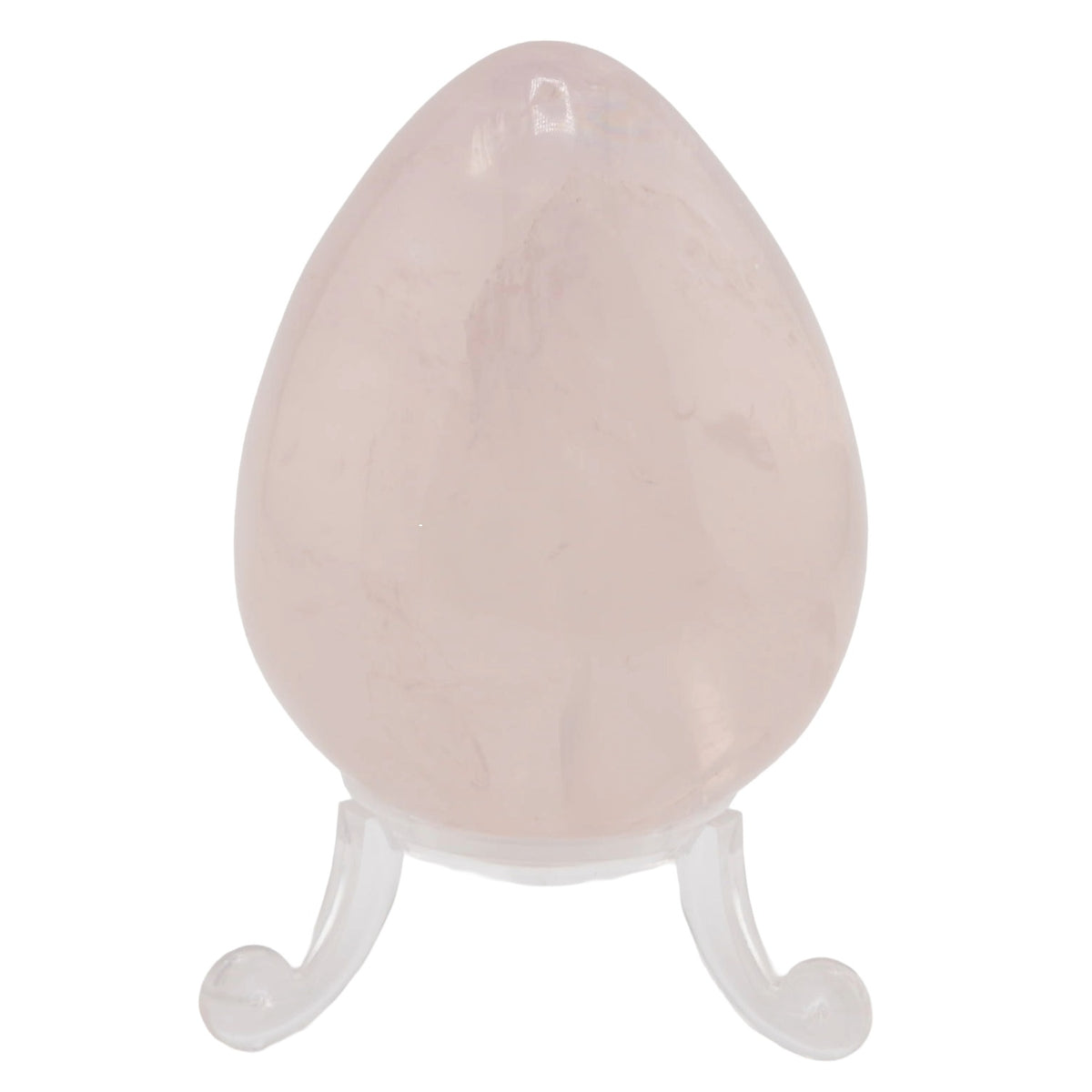 A polished rose quartz crystal egg displayed on a small clear acrylic stand against a plain white background.