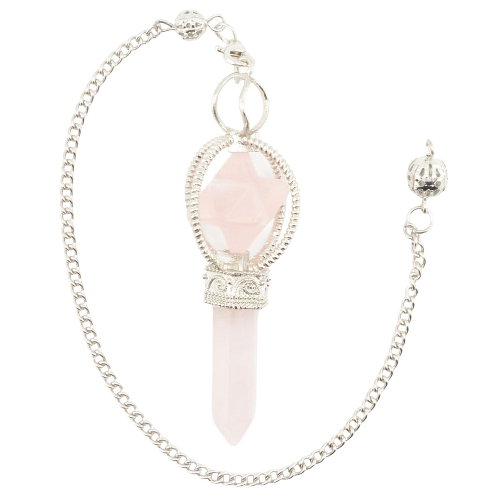 A silver-toned chain pendulum featuring a pink rose quartz crystal point and merkaba, set in ornate silver-toned metal.