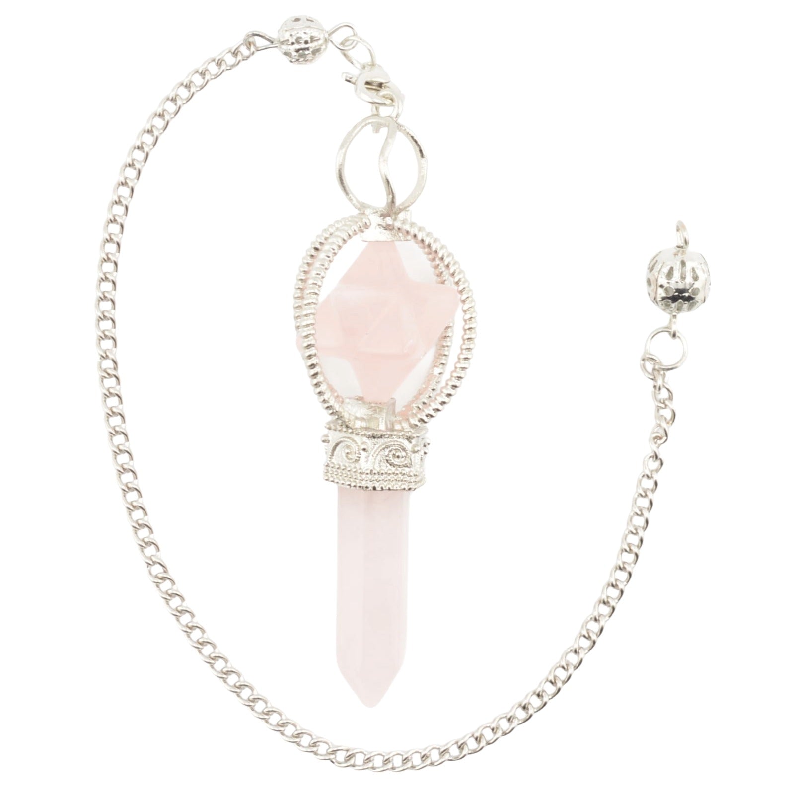 A silver-toned chain pendulum featuring a pink rose quartz crystal point and merkaba, set in ornate silver-toned metal.