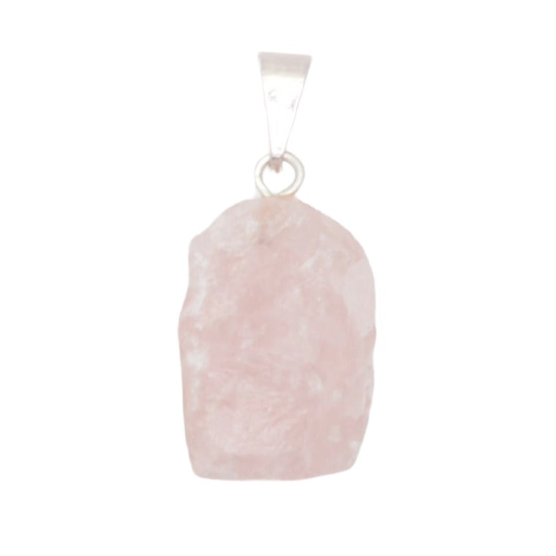 A raw rose quartz crystal pendant with a silver bail, shown against a plain white background.