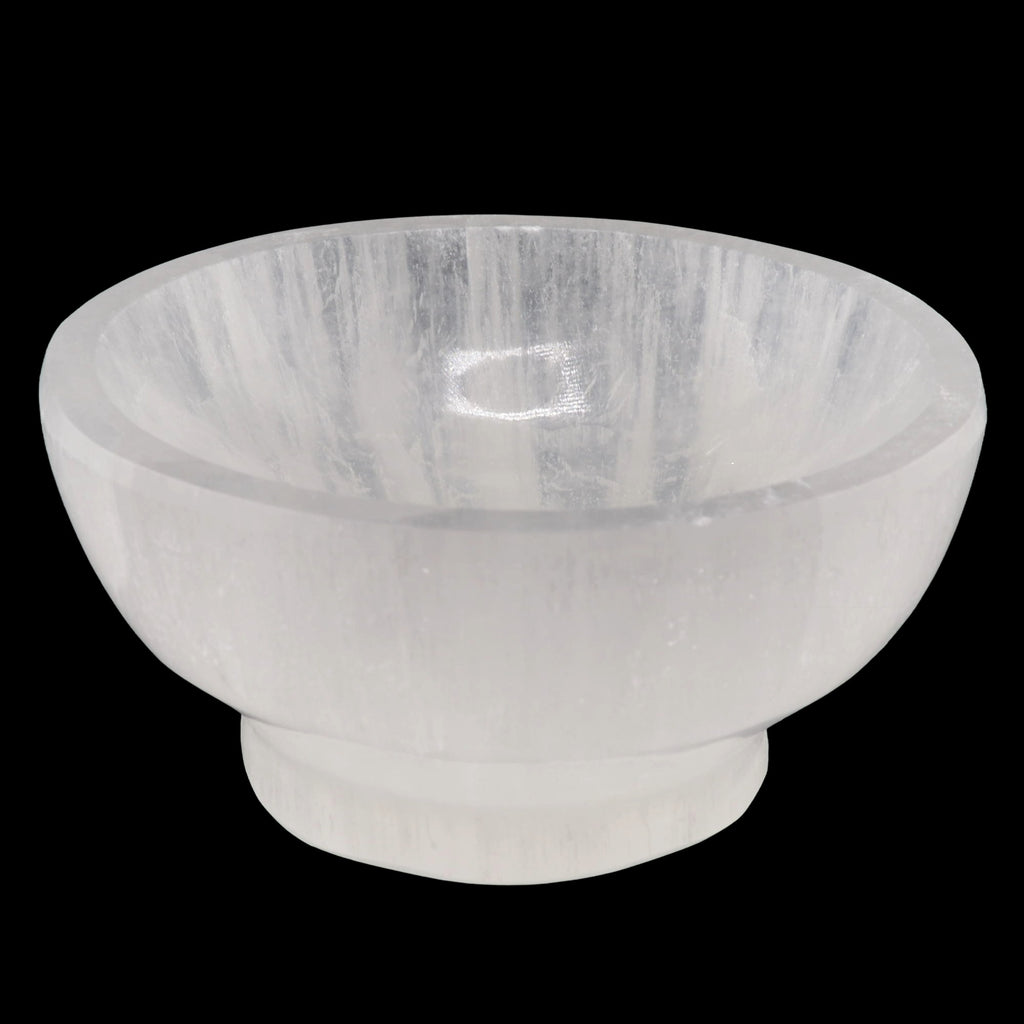 A translucent 100mm white crystal bowl, made of selenite, shown against a solid black background.