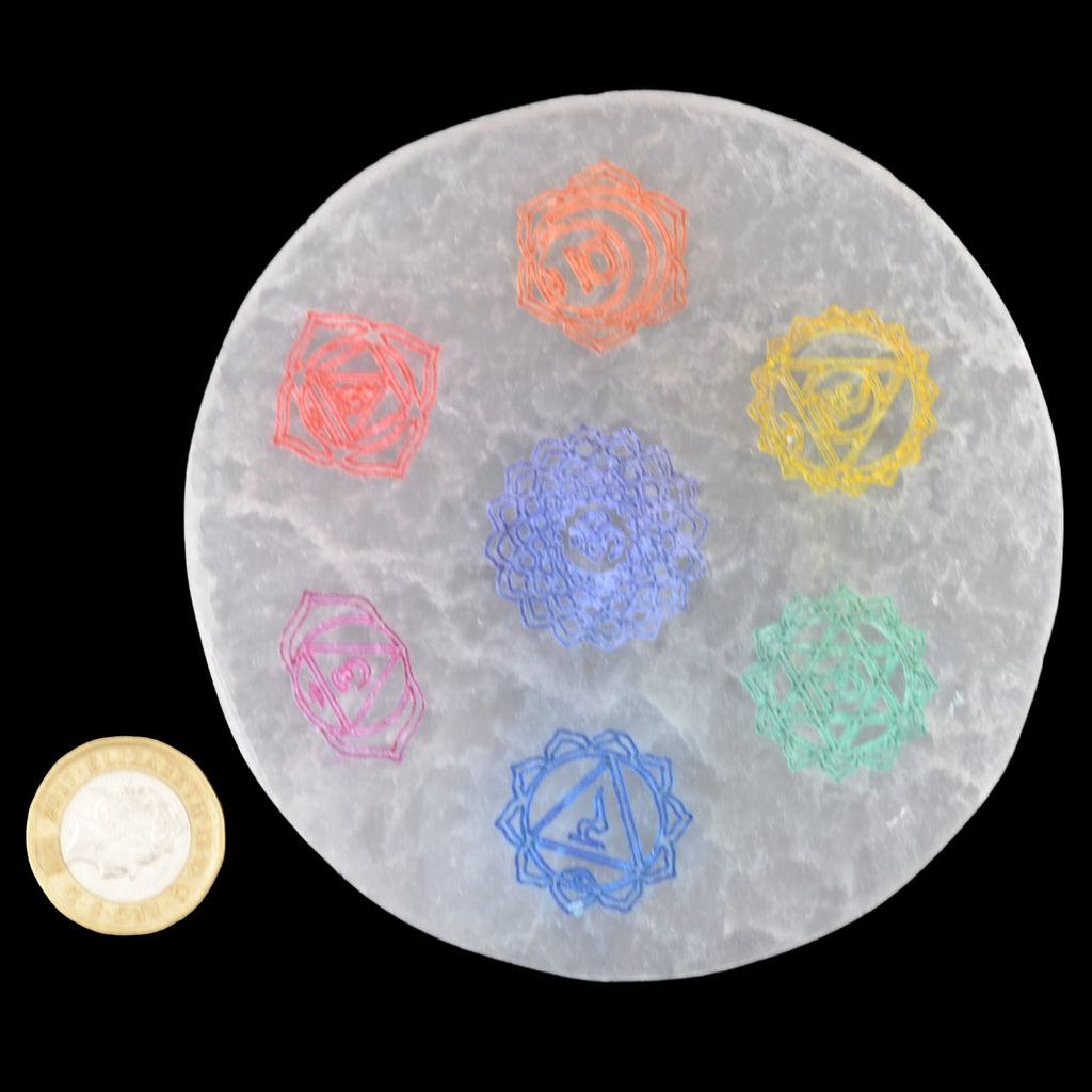 Selenite Circle Charging Plate with Chakra Engraving- 100mm