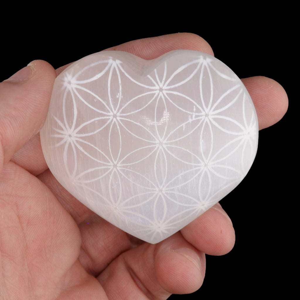 Selenite Puff Heart with Flower Of Life Engraving