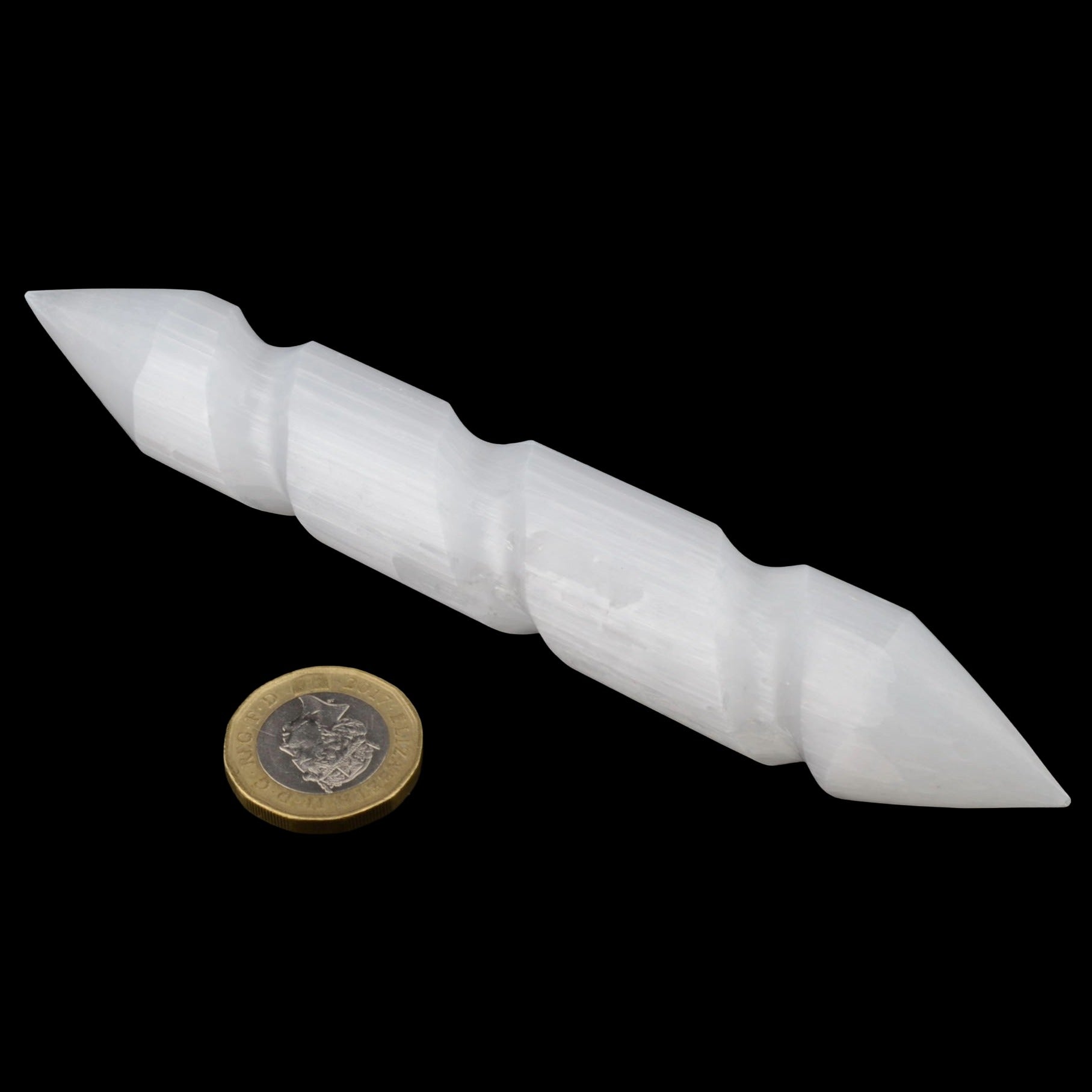 Selenite Wand with with Spiral Body and Double Terminated Pointed Ends- 150mm