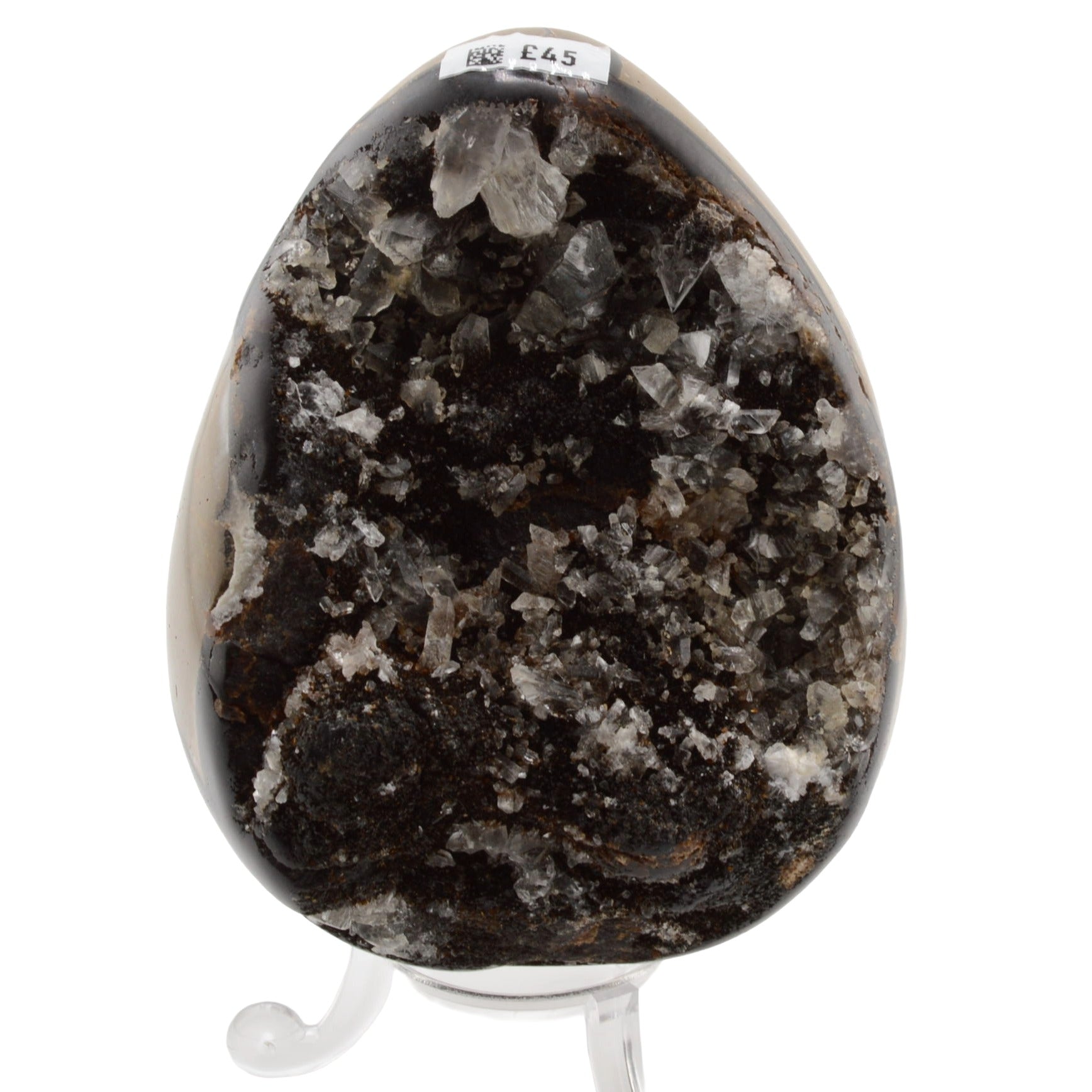 A polished septarian druzy egg pecimen with prominent clear and white crystals, displayed on a clear stand against a white background.