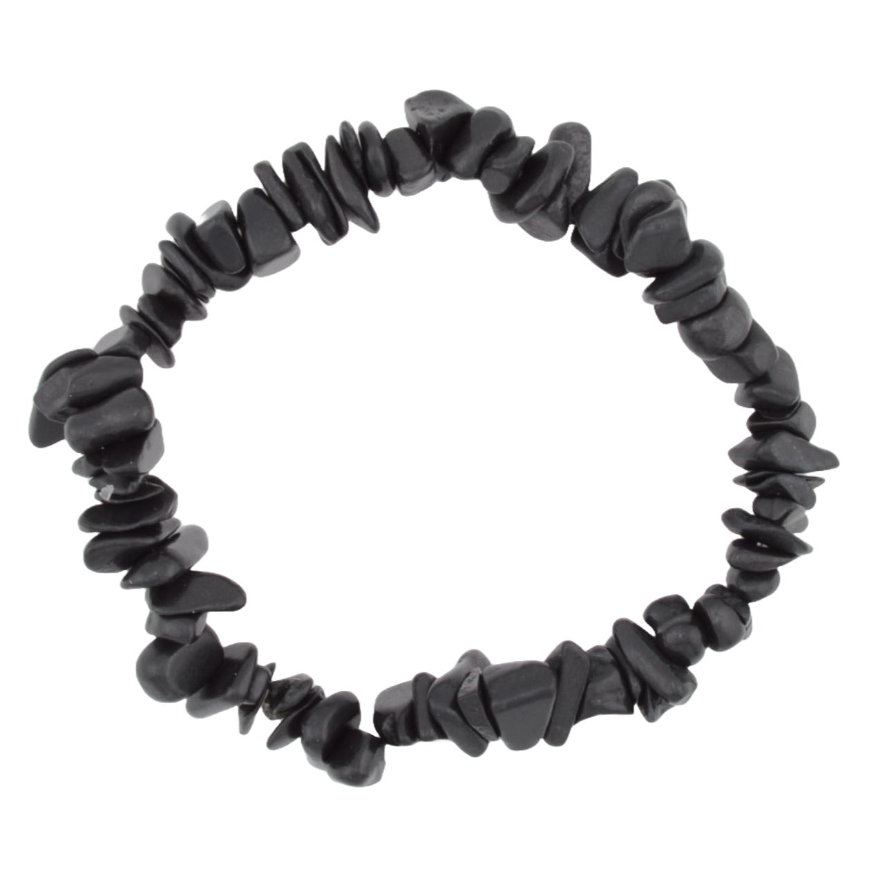 A black shungite gemstone chip bracelet arranged in a circle on a plain white background.