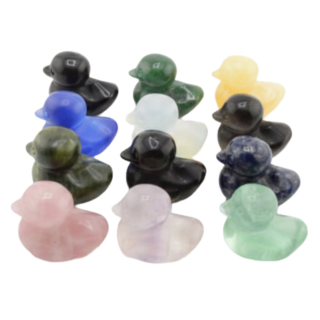 A set of nine small carved gemstone duck figurines in assorted colors, including black, blue, green, yellow, white, pink, purple, and light green, arranged in a 3-by-3 grid on a plain white background.