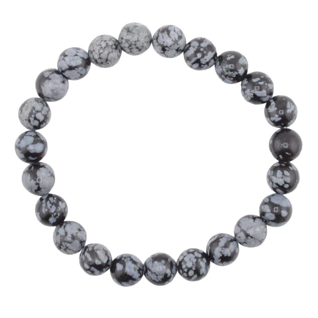 A beaded stretch bracelet made of snowflake obsidian 8mm polished round beads with a black and white mottled, stone-like pattern, shown on a plain white background.