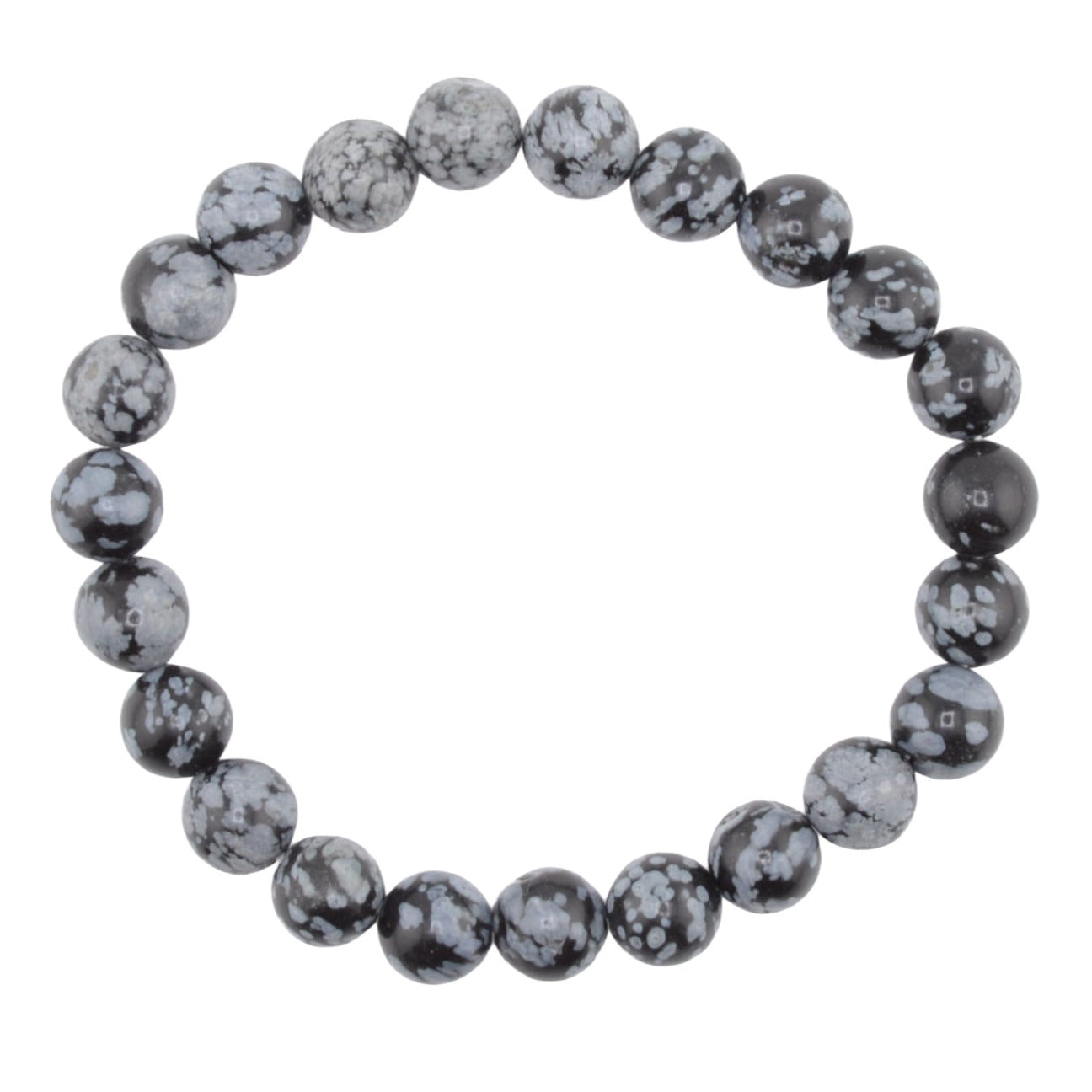 A beaded stretch bracelet made of snowflake obsidian 8mm polished round beads with a black and white mottled, stone-like pattern, shown on a plain white background.