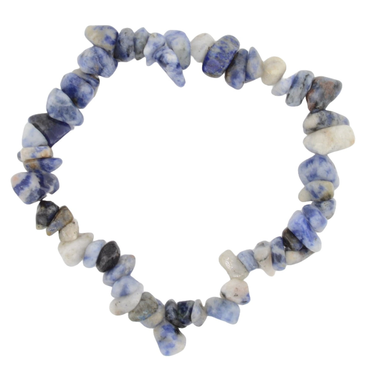 A beaded stretch bracelet made of irregular, polished blue and gray sodalite gemstone chips, arranged in a circle on a plain white background.