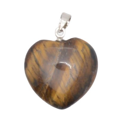 A heart-shaped pendant made of polished tiger's eye stone with brown and gold stripes, attached to a silver bail, shown on a plain white background.
