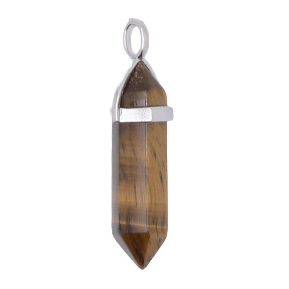 Tigers Eye double terminated point pendant with a silver plated bail, on a white background