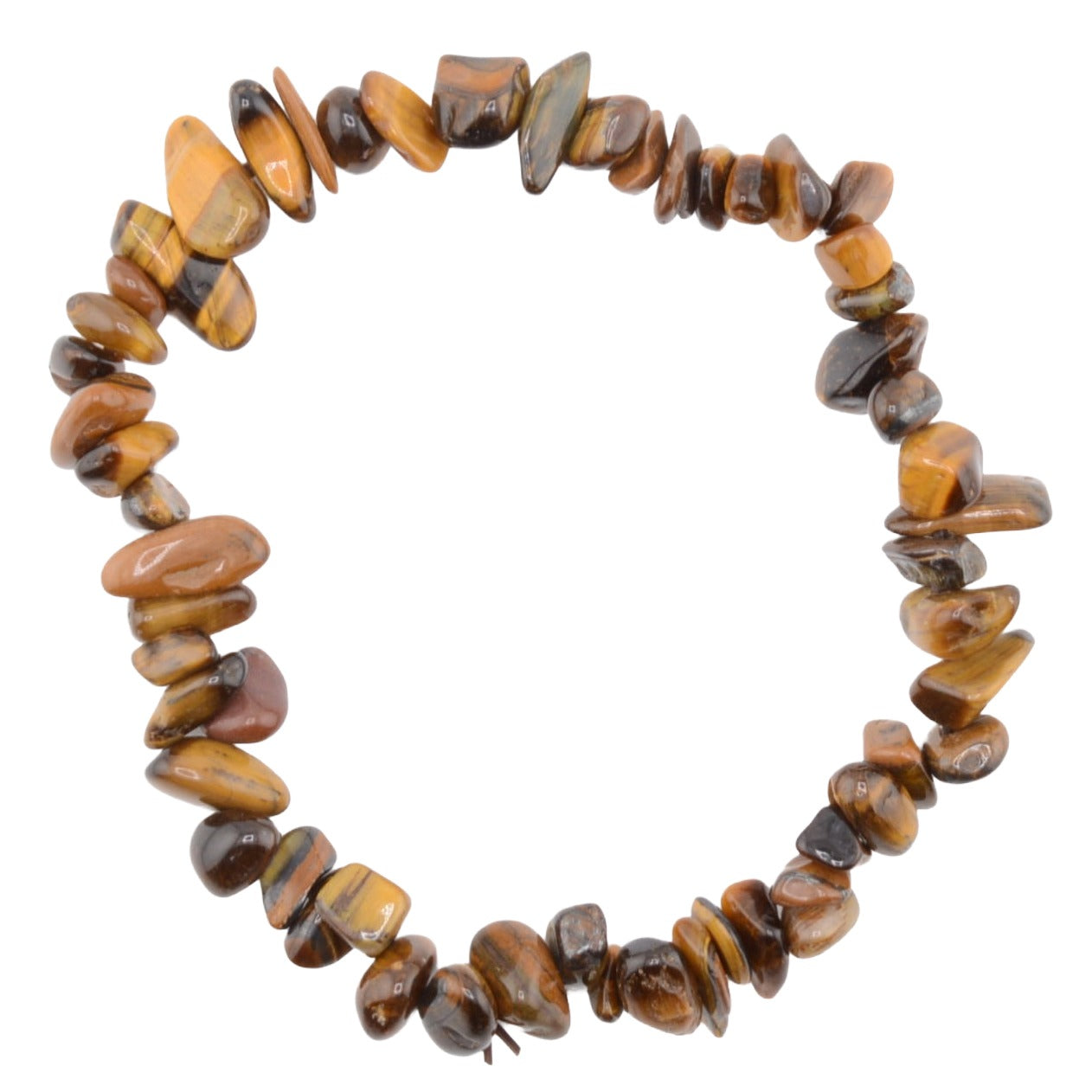 A chip stretch bracelet made of polished tiger's eye stone chips, arranged in a circle on a solid white background.