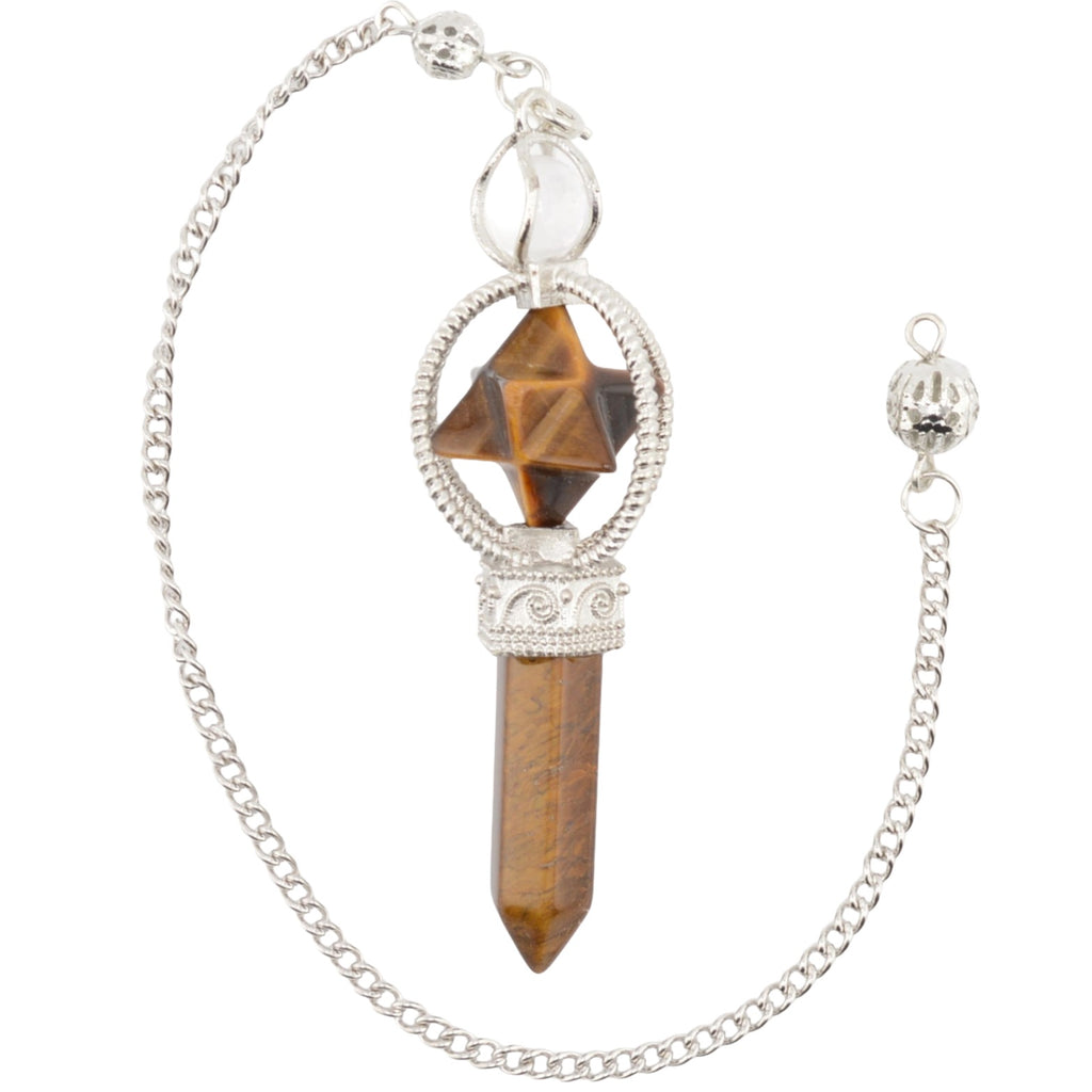 Tigers Eye Gemstone Pendulum featuring a point and merkaba. Includes a silver coloured chain and bead on a white background