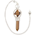 Tigers Eye Gemstone Pendulum featuring a point and merkaba. Includes a silver coloured chain and bead on a white background