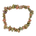 A beaded bracelet made of small, irregular unakite gemstones in shades of olive green and terracotta orange, arranged in a heart shape on a plain white background.