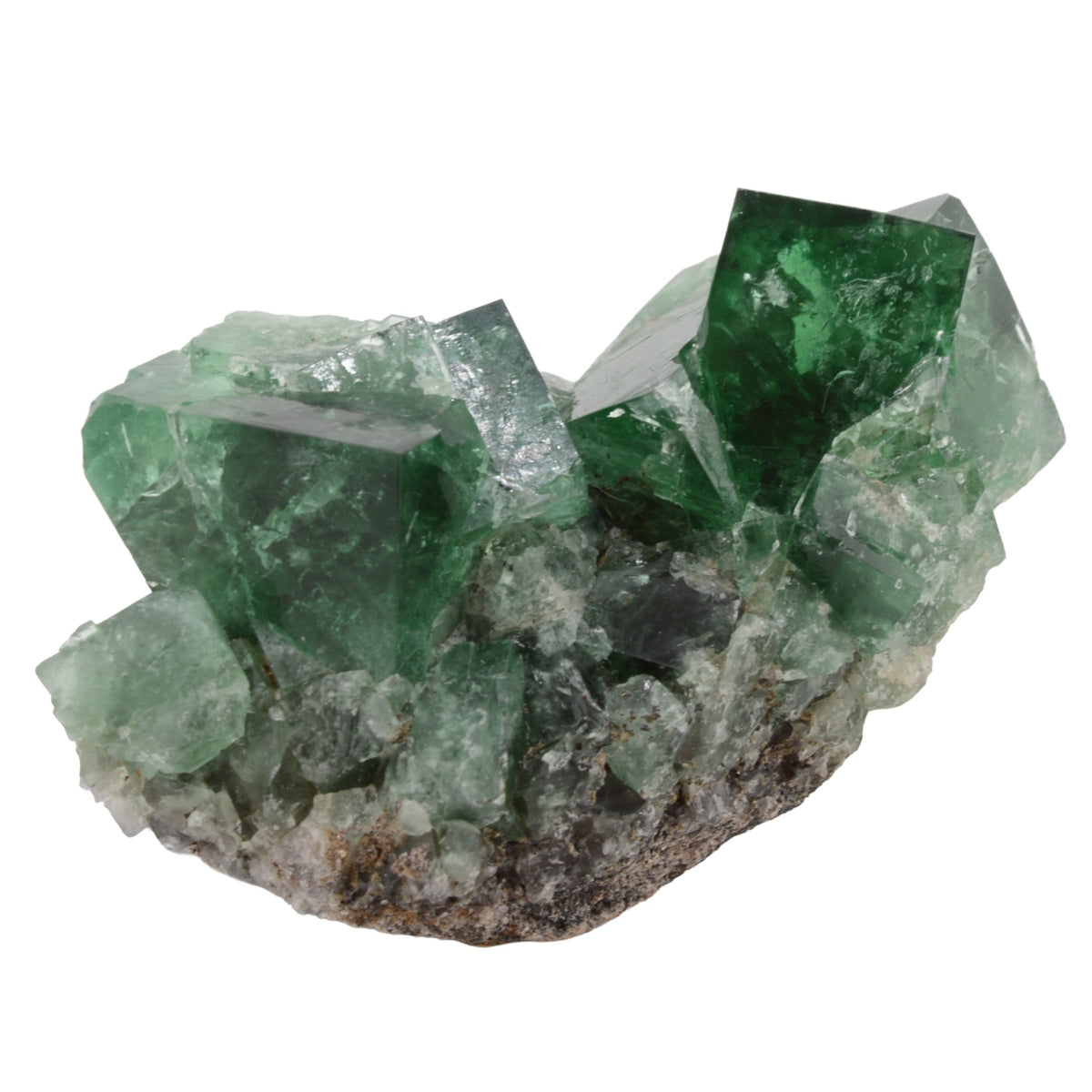A natural green weardale fluorite crystal cluster with multiple faceted transparent green crystals growing from a rough, earthy matrix, photographed on a plain white background.