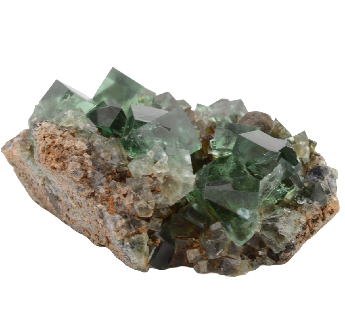 A natural weardale fluorite crystal cluster specimen with green and gray translucent cubic crystals growing on a brown and beige matrix, isolated on a white background.