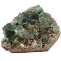 A natural fluorite crystal cluster with green and dark blue-green cuboid crystals growing on a brown and beige matrix, isolated on a white background.