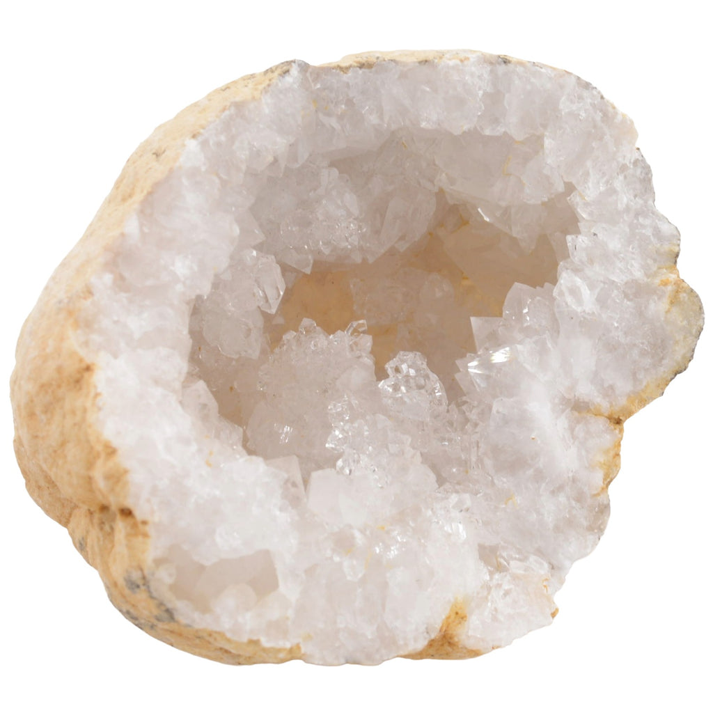 A natural crystal geode specimen with white quartz crystals inside, set in a tan and beige matrix, isolated on a white background.