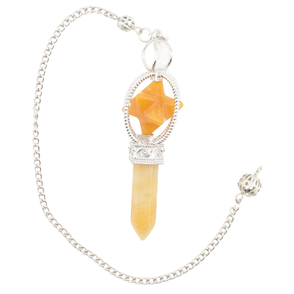 A silver-toned chain necklace featuring a yellow jasper point & merkaba pendulum with a faceted orange star-shaped, set in ornate silver filigree.