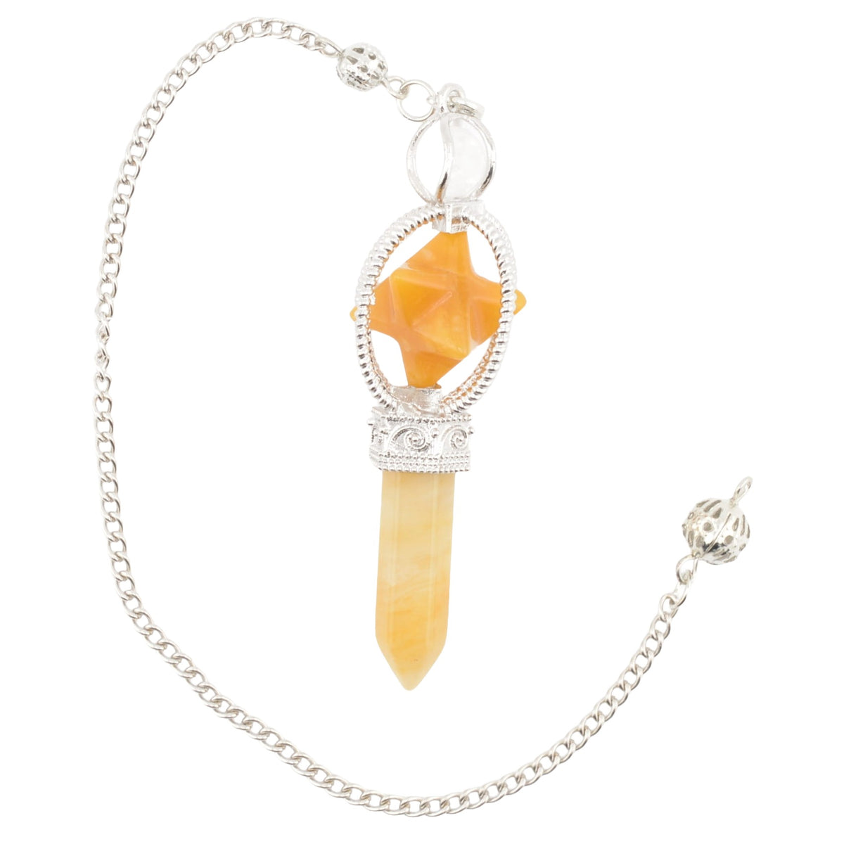 A silver-toned chain necklace featuring a yellow jasper point & merkaba pendulum with a faceted orange star-shaped, set in ornate silver filigree.