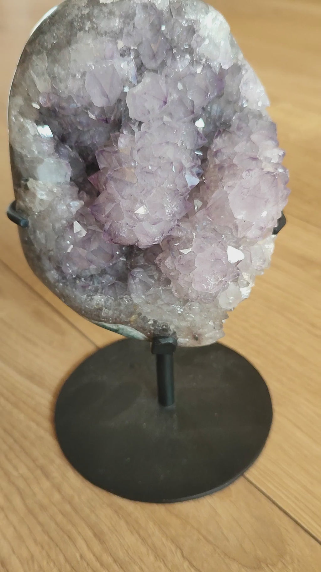 Amethyst Cluster with Polished  Circumference on Metal Stand
