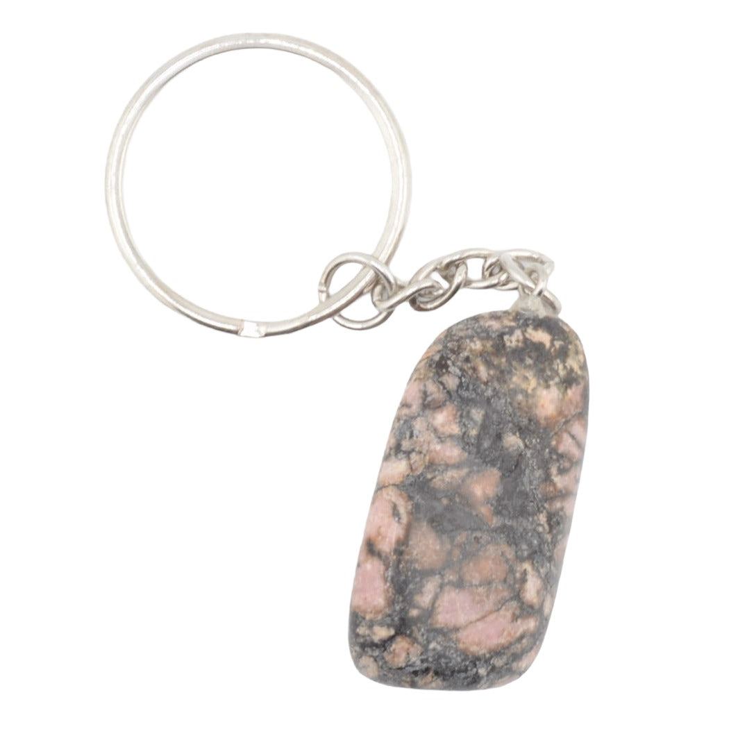 A silver metal keychain featuring a polished rhodonite, irregular-shaped stone pendant with pink, gray, and black marbled patterns, shown on a plain white background.